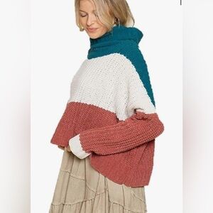 Boutique oversized super soft chunky knit color block turtleneck sweater large